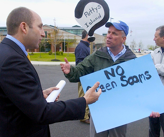 Earth Day 2005 - Greenscam Protest. Wolfe (r) and then DEP Commissioner (who hired me in 2002 as policy advisor) Brad Campbell debate. 