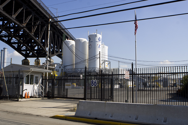 Kuehne Chemical, Kearny, NJ. Accident would kill over 100,000 people. Note chemcial industry "Responsible Care" PR logo. Is it responsible to pose this kind of threat?