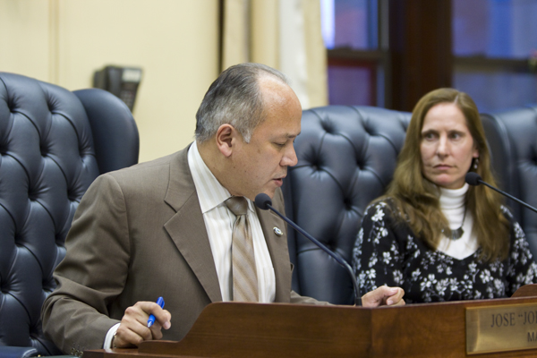 Paterson Mayor "Joey" Torres reads a detailed statment at ouytset of hearings. A prior private meeting with DEP allowed them to get their stories straight.