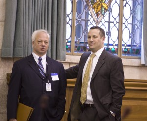 Ray Cantor (L), "Special Assistant" to DEP Commissioner Bob Martin, talsk with lNJ Business & Industry Association lobbyist Dave Brogan at Martin's Senate confirmation hearing