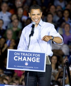 Obama in Harrisburg, Pa. during campaign (4/19/080. Are we "on track for change" yet?