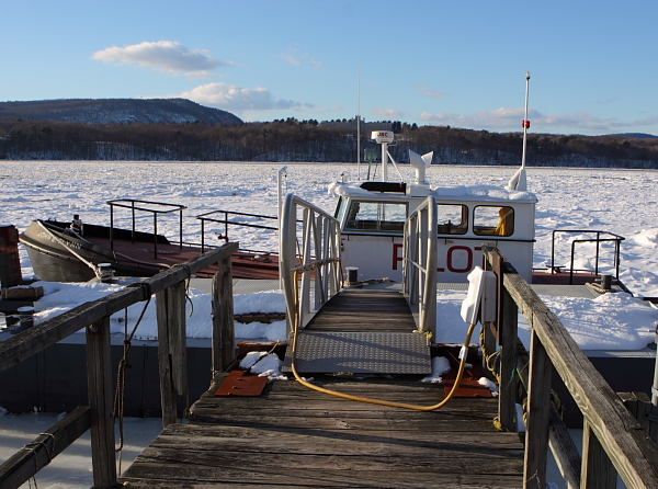 The John E. Flynn Pilot is frozen at the dock (Norrie Point Environmental Center)