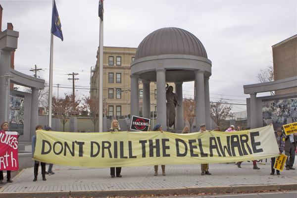 across the street from State House, at new WW II memorial - Occupy Trenton protest was dwarfed by fracktivists, who have joined forces