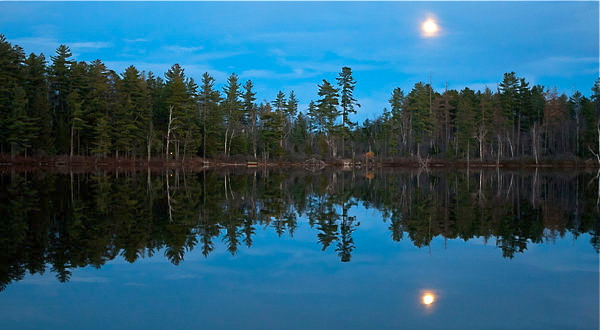 A full moon rising over Osgood Pond near Paul Smiths, N.Y - Adirondack spruce forests and bogs will be destroyed as NY climate and growing season become like Georgia due to global warming. Credit Ruth Fremson, NY Times.