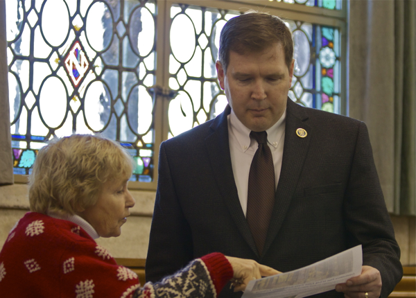 Senaor Doherty (R/Hunterdon) listens to former Mayor of Readington Twshp about forestry abuses