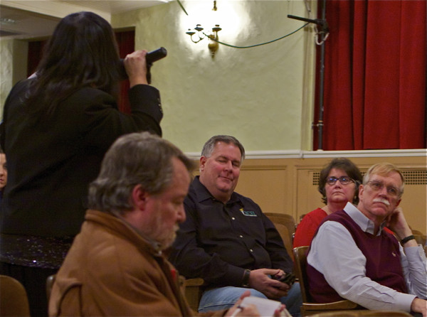 Lisa Riggiola (back turned on left, w/microphone) criticized Mayor Cole (R, in red)during comments at Dupont RCRA permit hearing on Acid Brook cleanup plan 