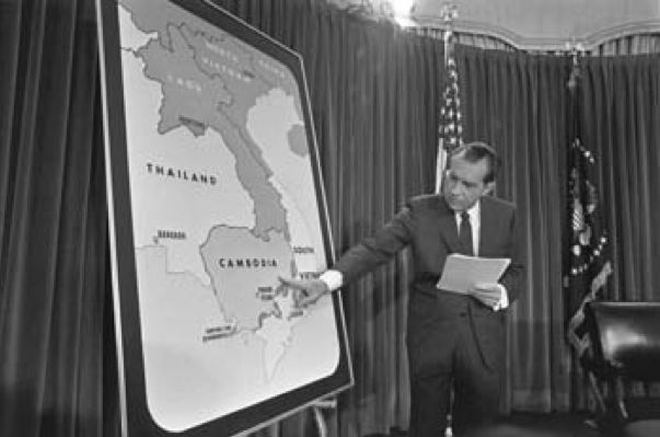President Nixon points out the NVA sanctuaries along the Cambodian border in his speech to the American people announcing the Cambodian incursion.  Date:   April 30, 1970  (Source: Nixon Library)