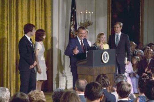 President Nixon delivers his Farewell Remarks to the White House Staff in the East Room, with his family looking on.  Date:   August 9, 1974 (Source: Nixon Library)