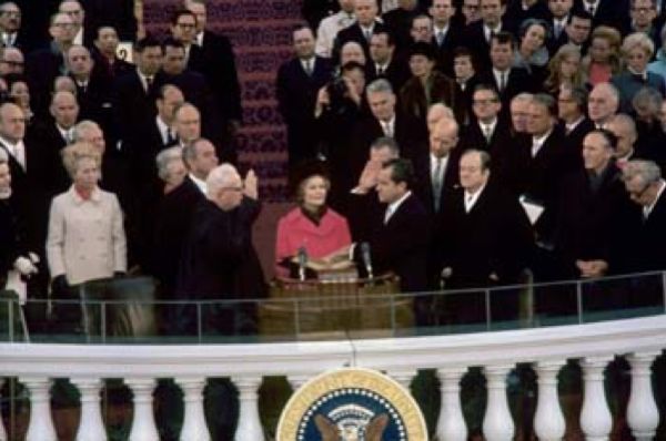  Richard M. Nixon takes the oath of office as President of the United States.  Date:   January 20, 1969  (Source: Nixon Library