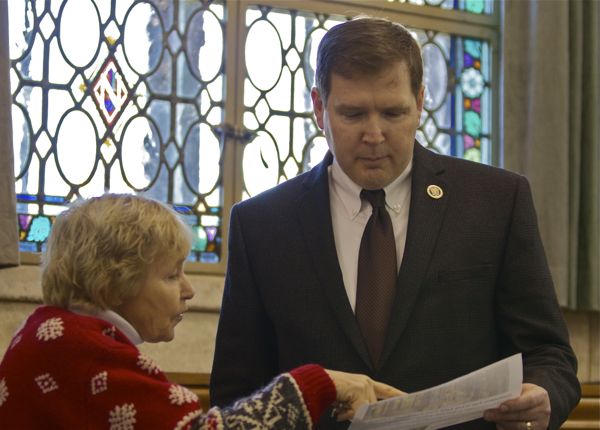 Senator Doherty (R/Hunterdon) listens to former Mayor of Readington Twshp about forestry abuses (12/9/11)