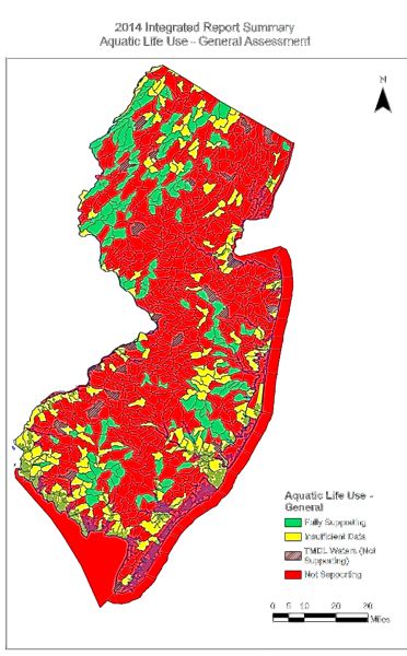 Aquatic Life Support -color red  shows failure t protect aquatic life. Source: NJ DEP - 2014 draft Impaired Waters Report